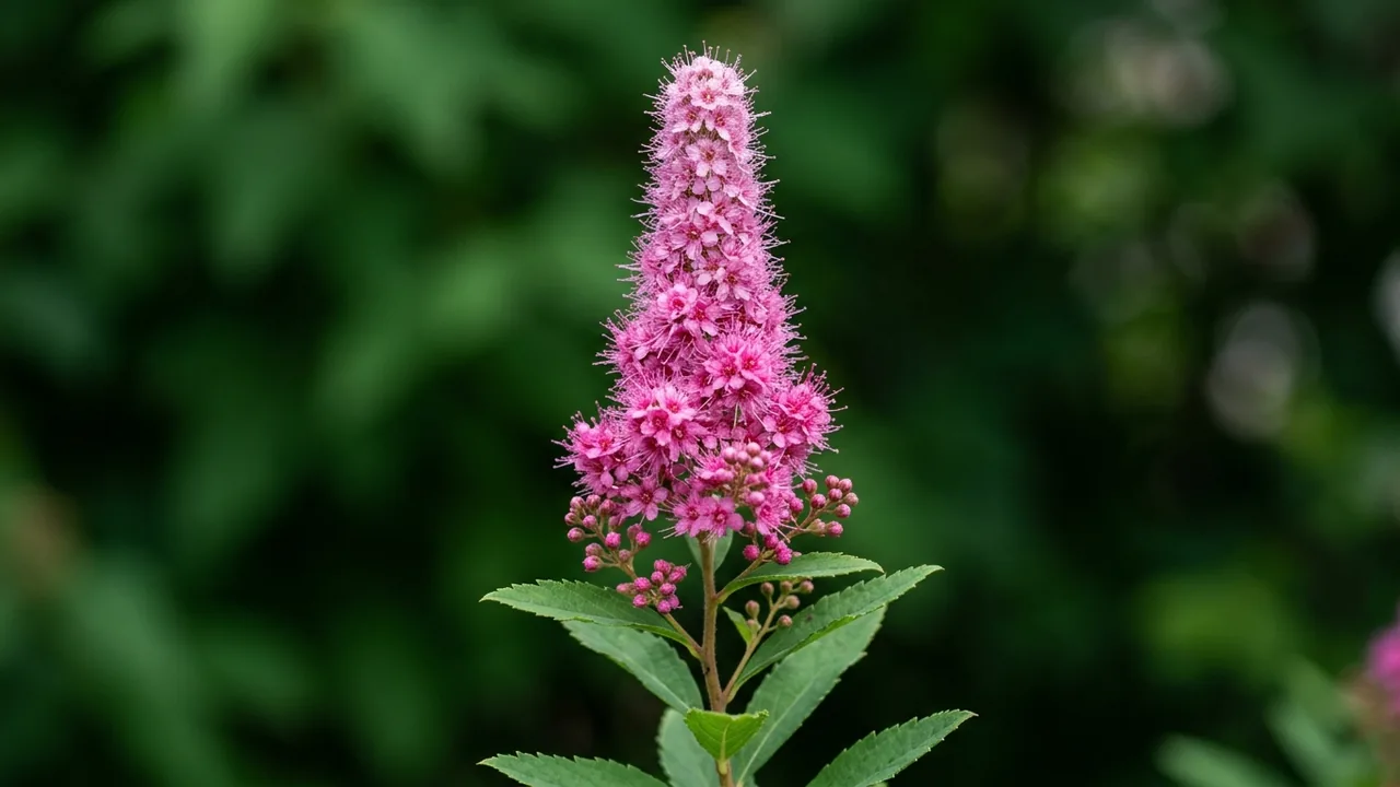 Douglas Spirea (Spiraea douglasii) - pink flowers, illustrated plant card