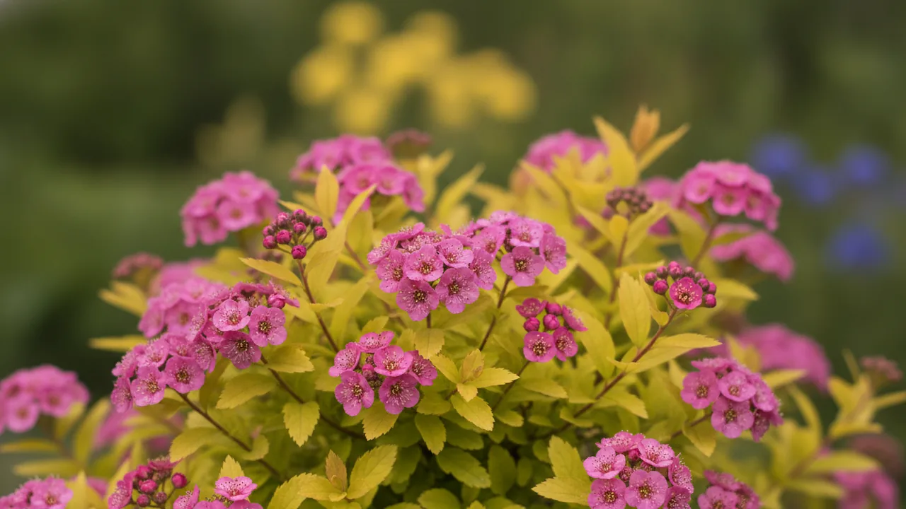 Goldflame (Spiraea japonica 'Goldflame') - pink flowers, illustrated plant card