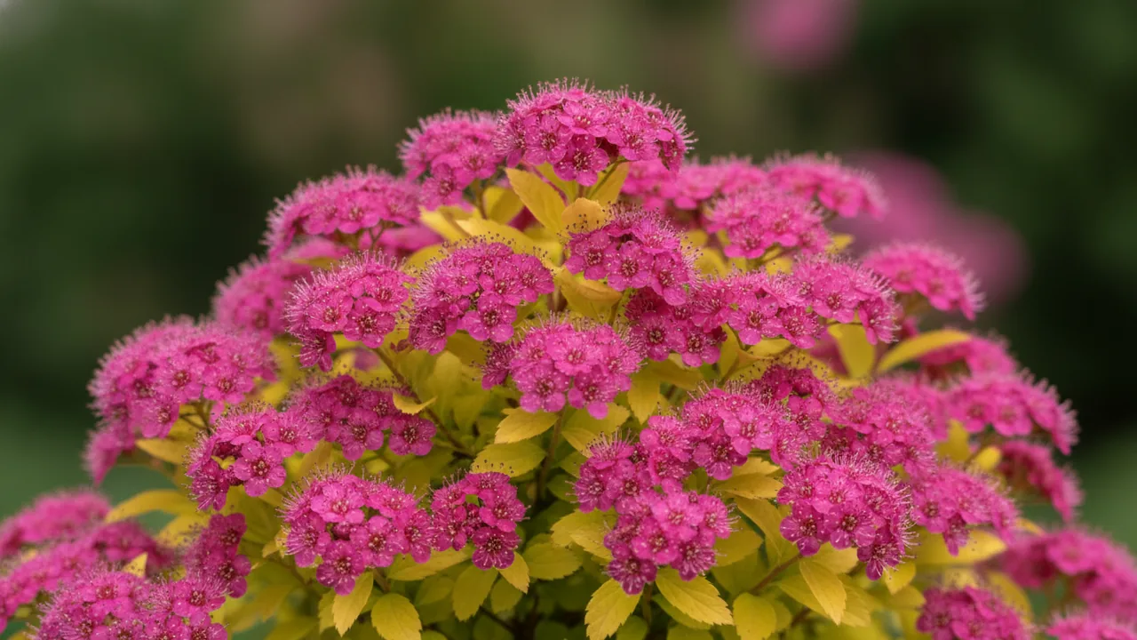 Goldmound (Spiraea japonica 'Goldmound') - pink flowers, illustrated plant card