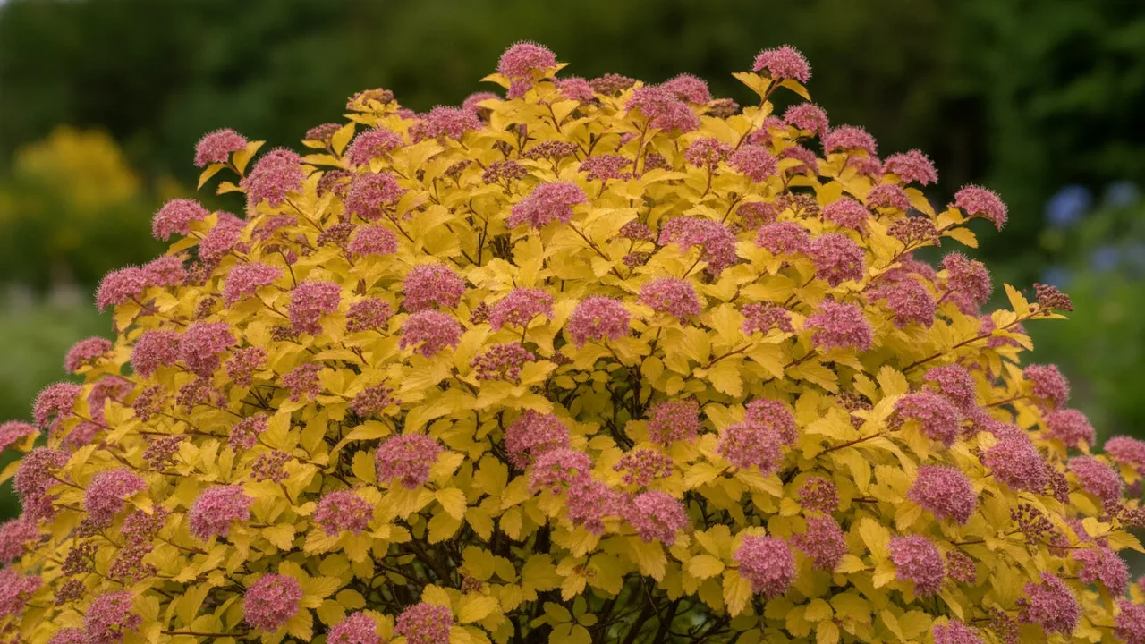 Magic Carpet (Spiraea japonica 'Magic Carpet') - pink flowers, illustrated plant card
