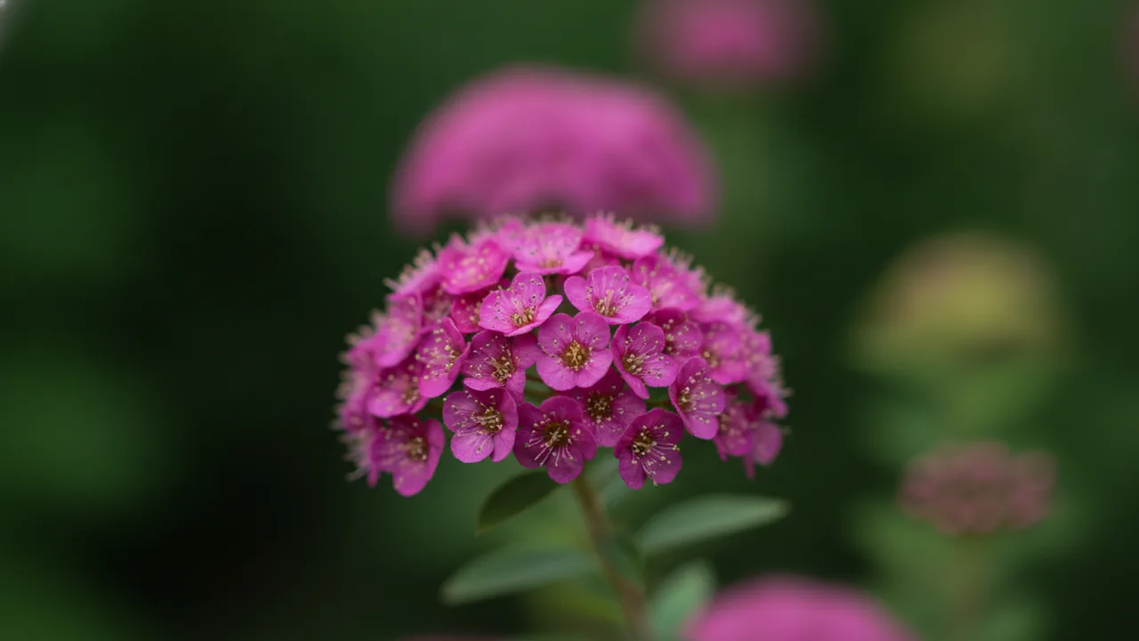 Neon Flash (Spiraea japonica 'Neon Flash') - red flowers, illustrated plant card