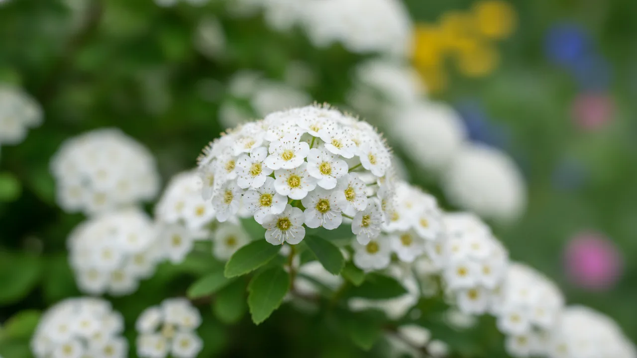 Snowmound (Spiraea nipponica 'Snowmound') - white flowers, illustrated plant card