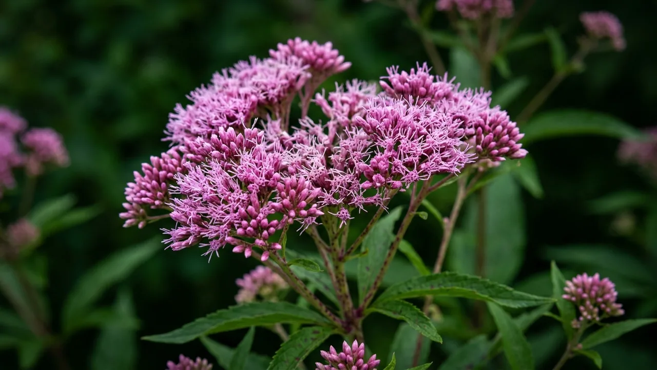 Spotted Joe Pye Weed (Eutrochium maculatum) - pink flowers, illustrated plant card