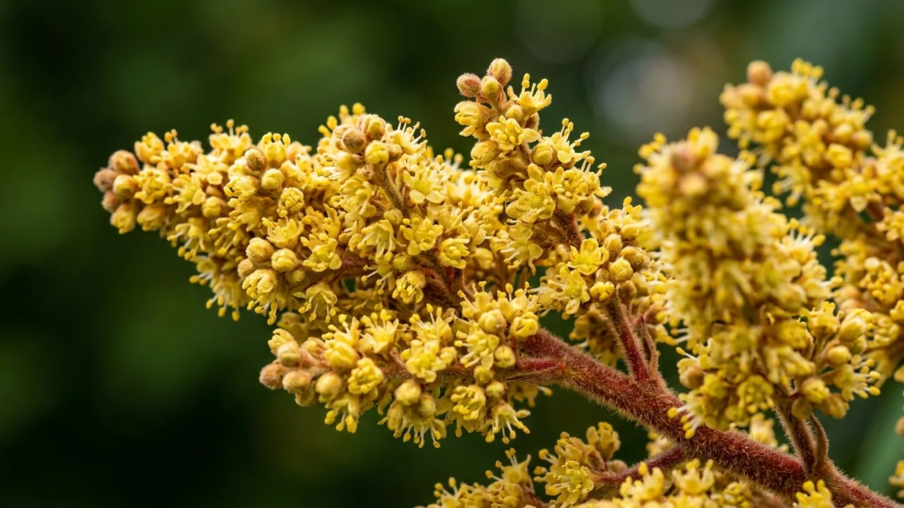 Staghorn Sumac (Rhus typhina) - yellow flowers, illustrated plant card