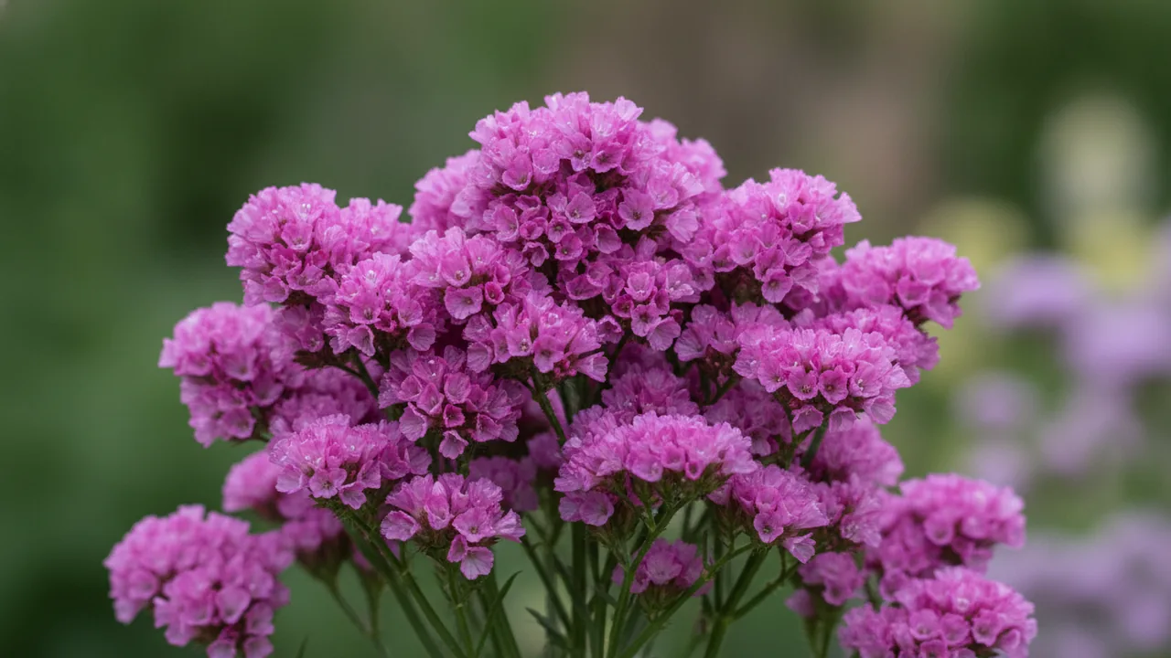 Pink Statice (Limonium sinuatum) - pink flowers, illustrated plant card