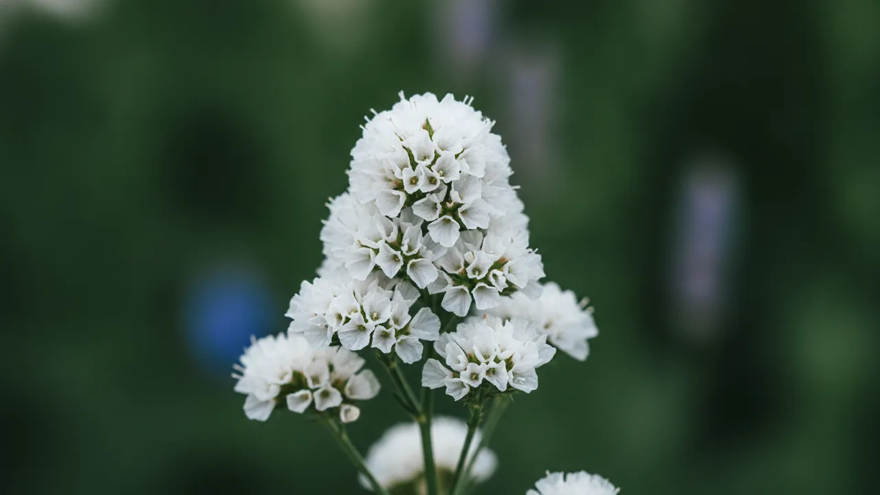 White Statice (Limonium sinuatum) - white flowers, illustrated plant card