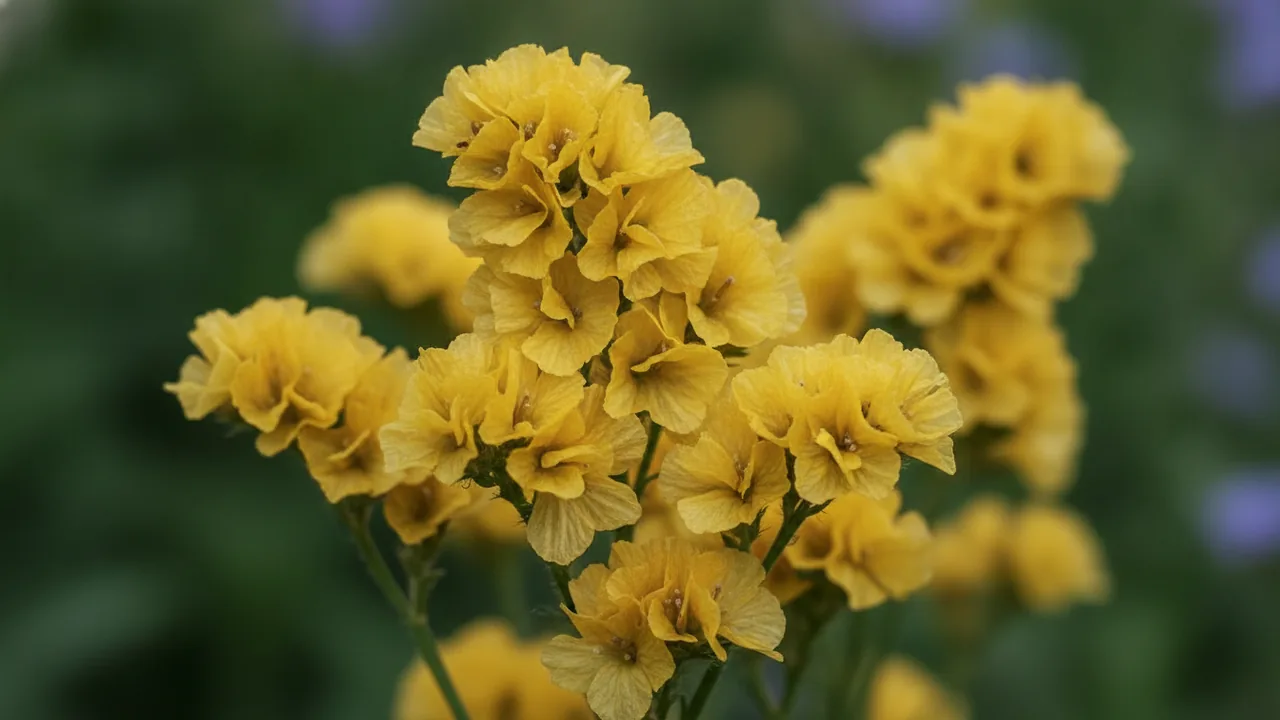 Yellow Statice (Limonium sinuatum) - yellow flowers, illustrated plant card