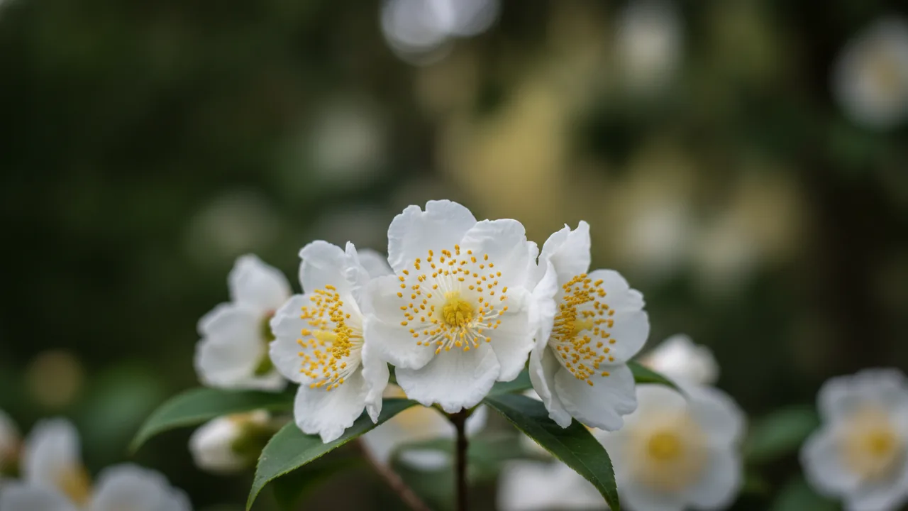 Japanese Stewartia (Stewartia pseudocamellia) - white flowers, illustrated plant card