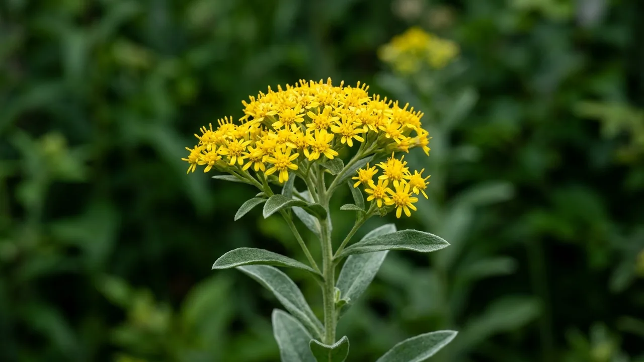 Stiff Goldenrod (Solidago rigida) - yellow flowers, illustrated plant card