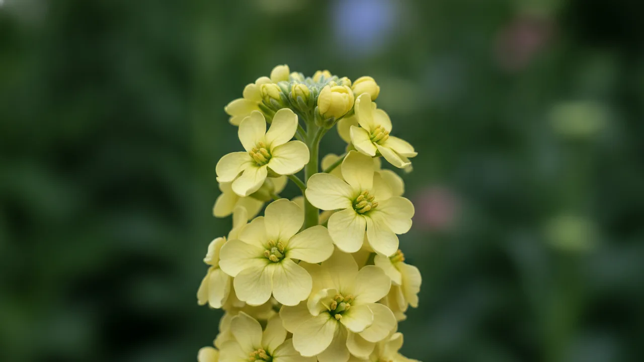 Cream Stock (Matthiola incana) - yellow flowers, illustrated plant card