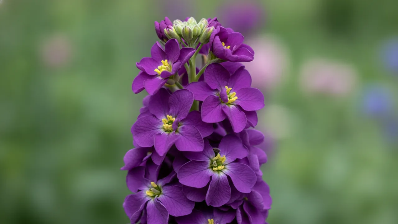 Lavender Stock (Matthiola incana) - purple flowers, illustrated plant card