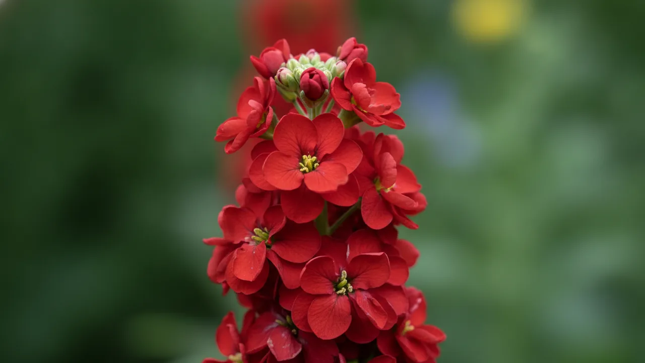 Red Stock (Matthiola incana) - red flowers, illustrated plant card