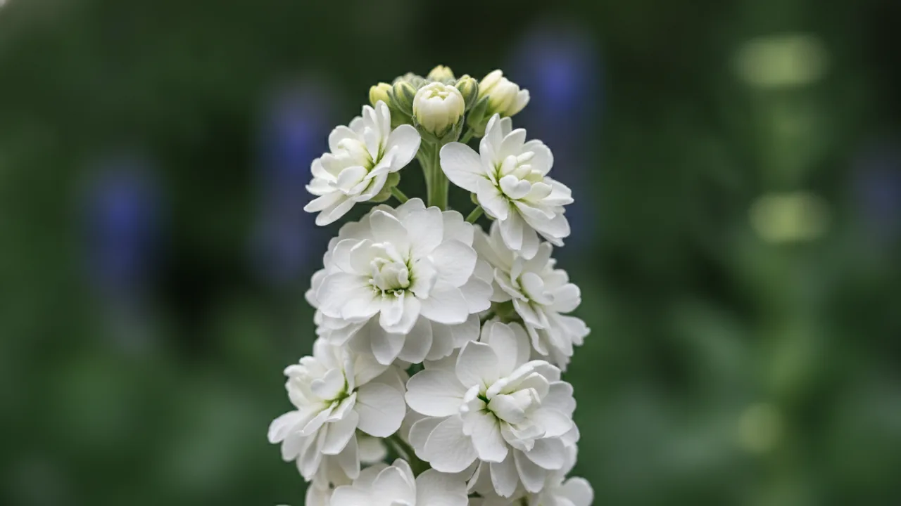 White Stock (Matthiola incana) - white flowers, illustrated plant card