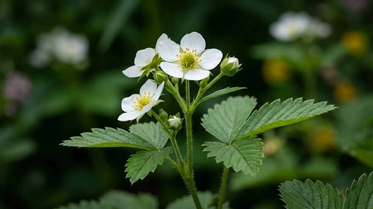 Virginia Strawberry (Fragaria virginiana) - white flowers, illustrated plant card