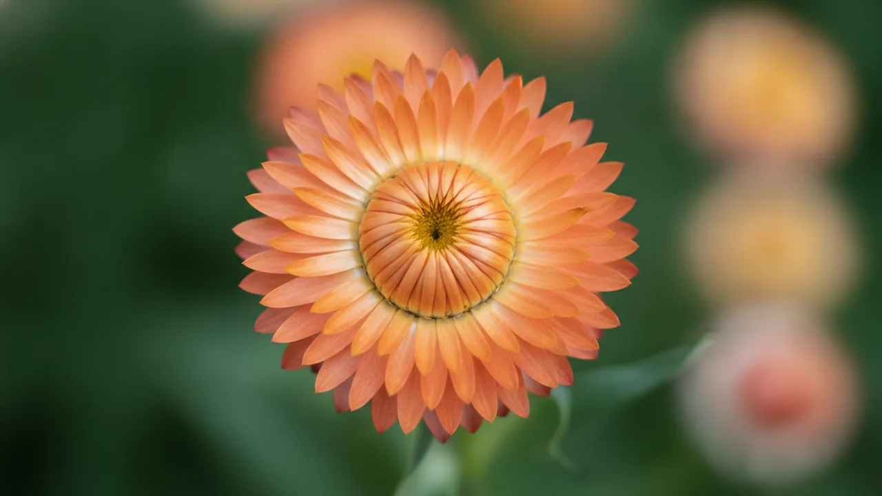 Apricot Strawflower (Xerochrysum bracteatum) - orange flowers, illustrated plant card