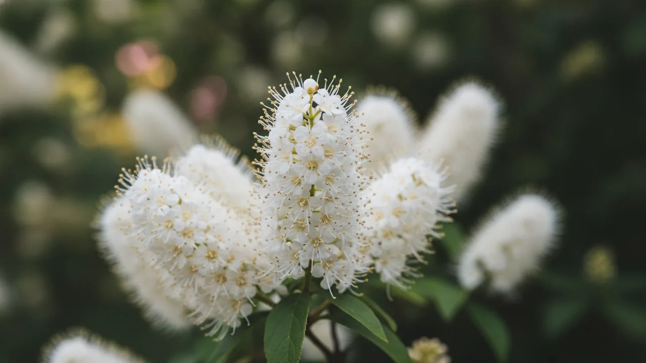 Hummingbird (Clethra alnifolia 'Hummingbird') - white flowers, illustrated plant card