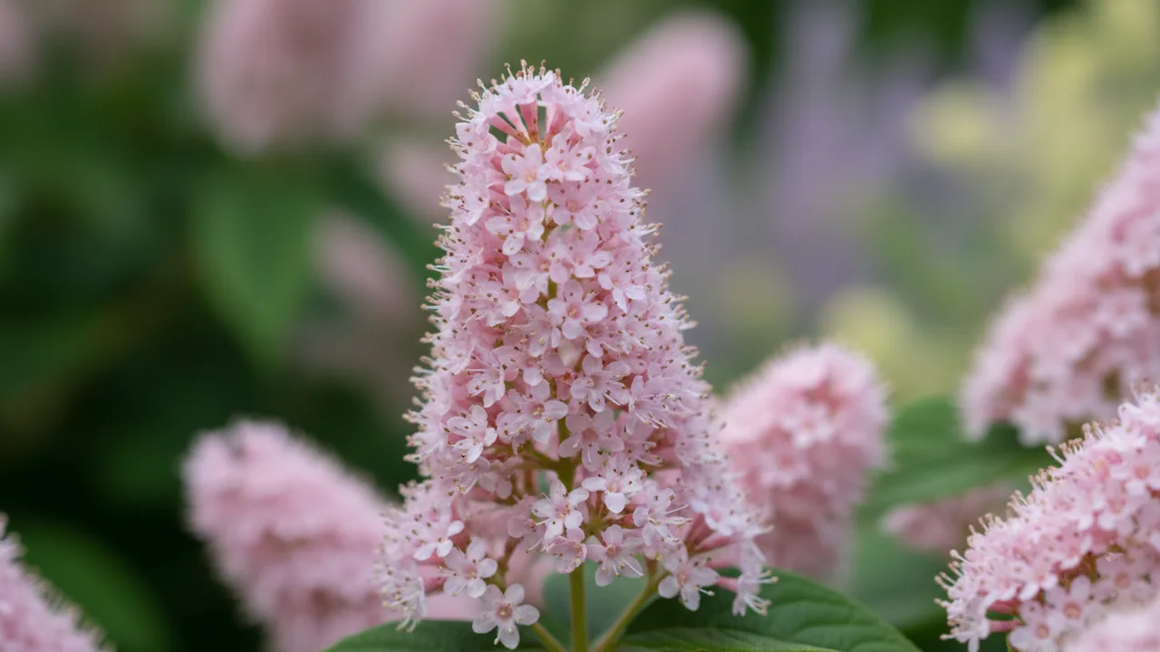 Pink Spire (Clethra alnifolia 'Pink Spire') - pink flowers, illustrated plant card