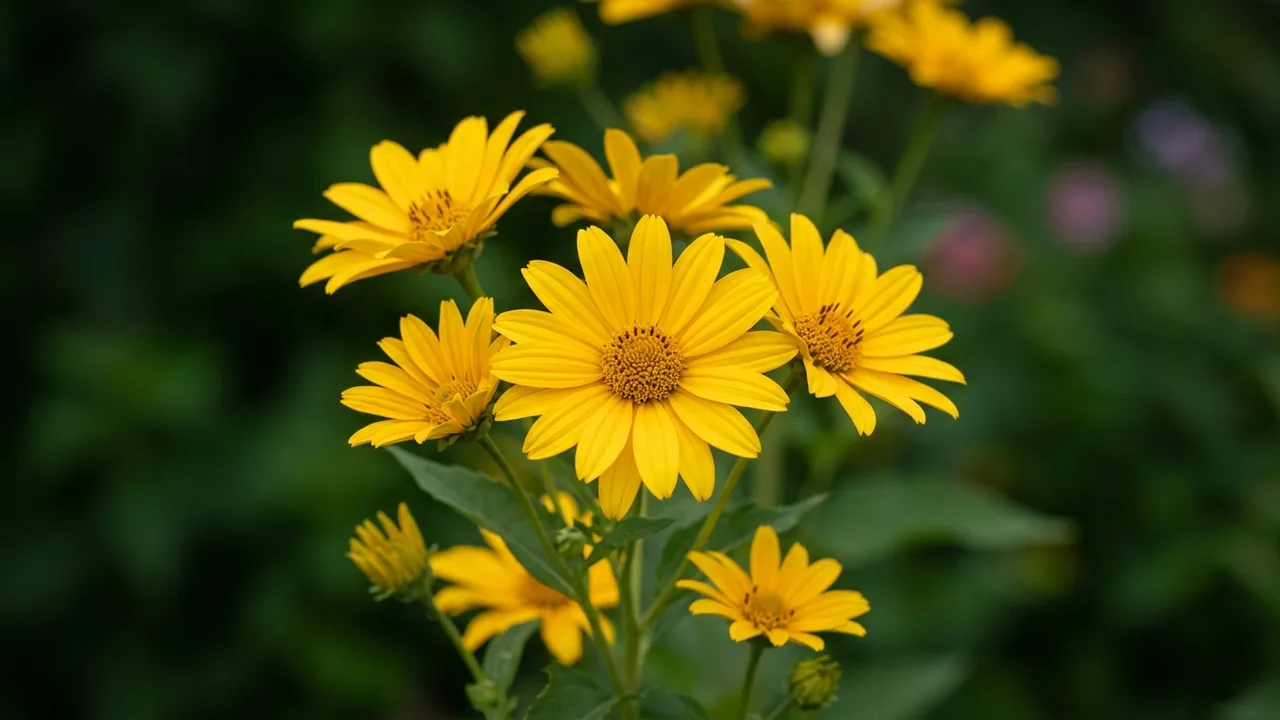 Athena Gold False Sunflower (Heliopsis helianthoides 'Inhelsogia') - yellow flowers, illustrated plant card