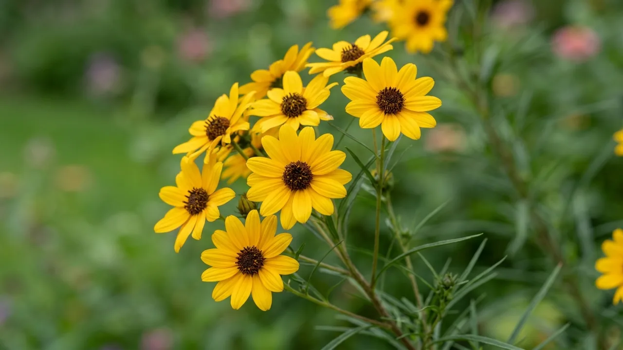 Autumn Gold Narrow-Leaved Sunflower (Helianthus salicifolius 'Autumn Gold') - yellow flowers, illustrated plant card
