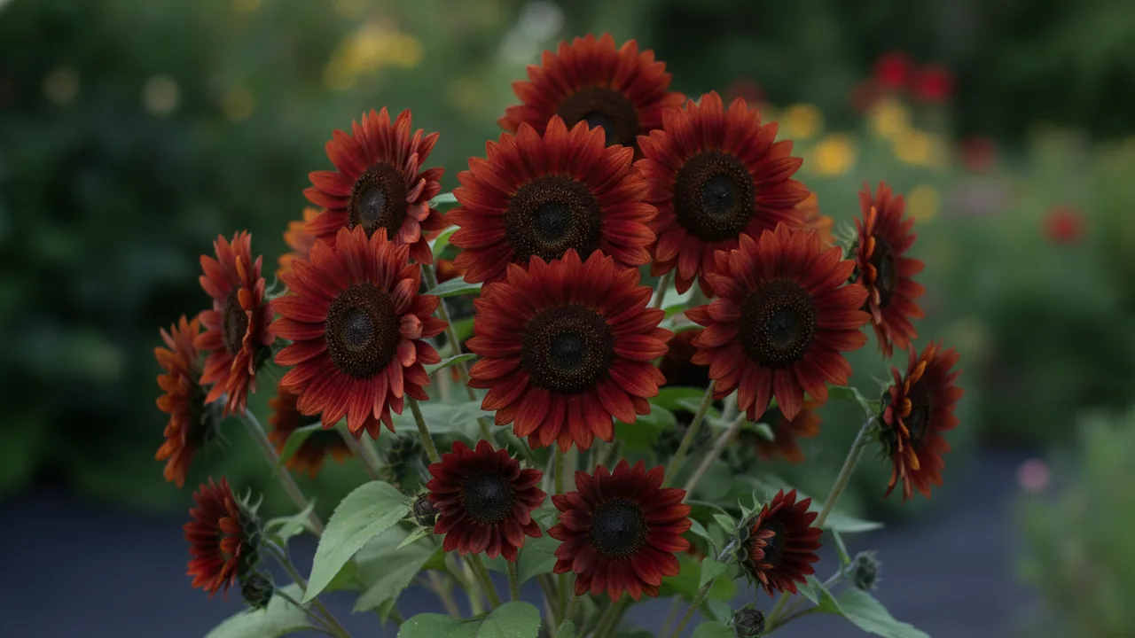 Moulin Rouge (Helianthus annuus 'Moulin Rouge') - red flowers, illustrated plant card