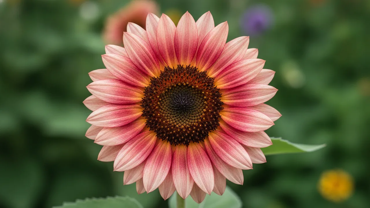 Strawberry Blonde (Helianthus annuus 'Strawberry Blonde') - pink flowers, illustrated plant card