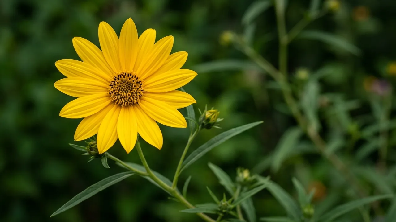Swamp Sunflower (Helianthus angustifolius) - yellow flowers, illustrated plant card