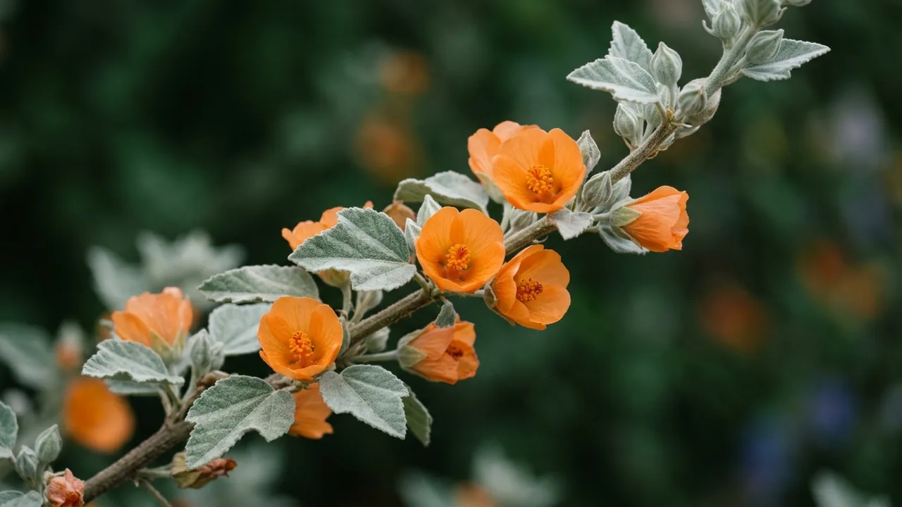 Superstition Mallow (Abutilon palmeri) - orange flowers, illustrated plant card