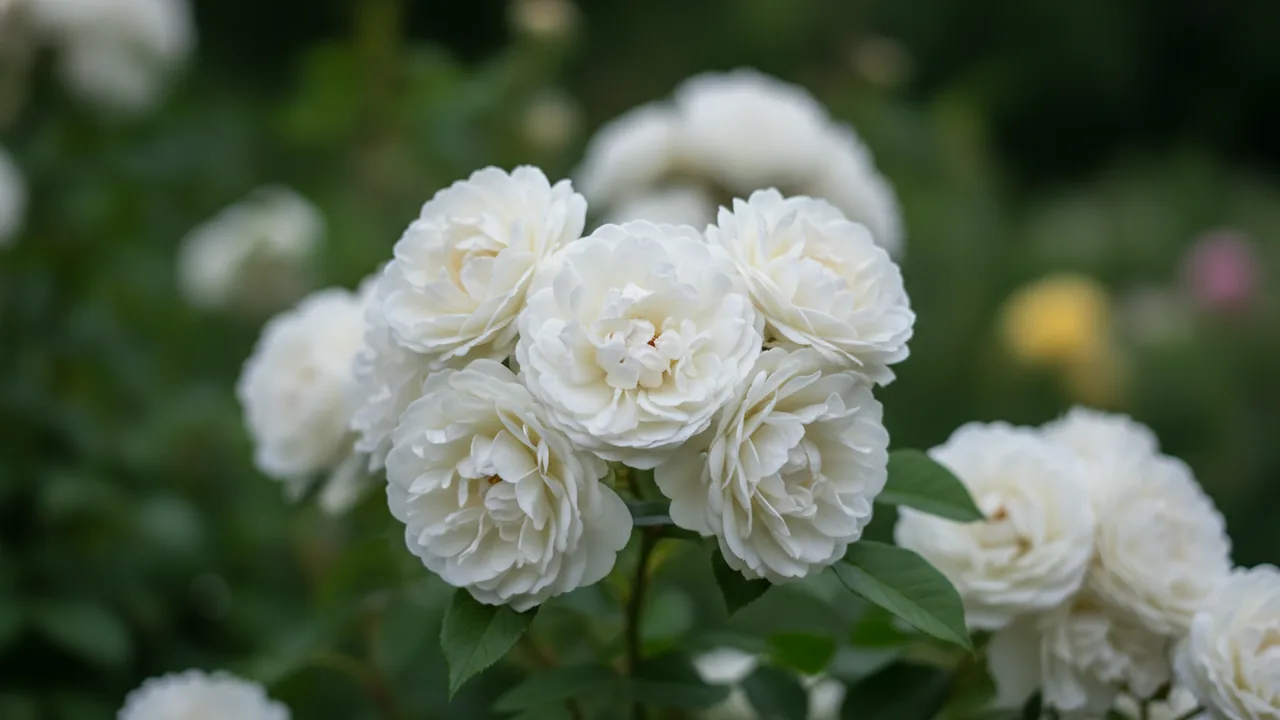 Susan Williams-Ellis (Rosa 'Ausquirk') - white flowers, illustrated plant card