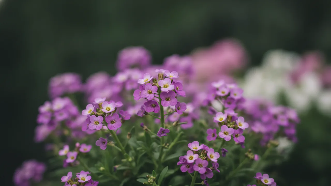 Lavender Stream (Lobularia 'Lavender Stream') - purple flowers, illustrated plant card