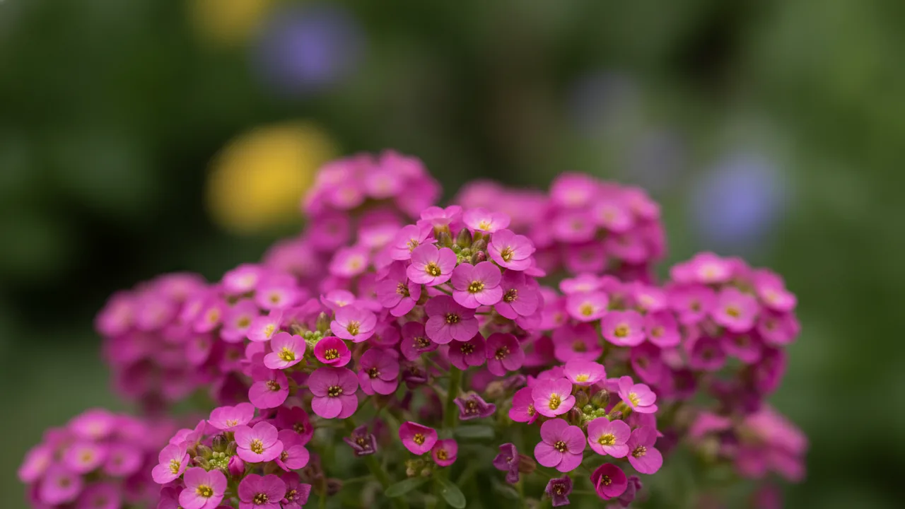 Rosie O'Day (Lobularia maritima 'Rosie O'Day') - pink flowers, illustrated plant card