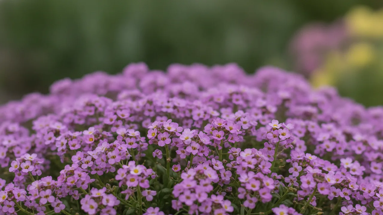 Royal Carpet (Lobularia maritima 'Royal Carpet') - purple flowers, illustrated plant card