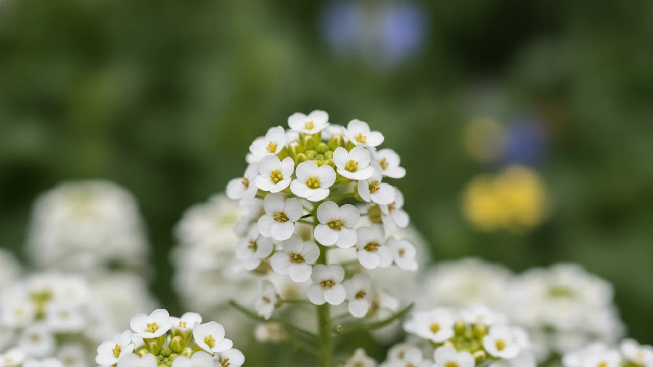 Sweet Alyssum (Lobularia maritima) - white flowers, illustrated plant card