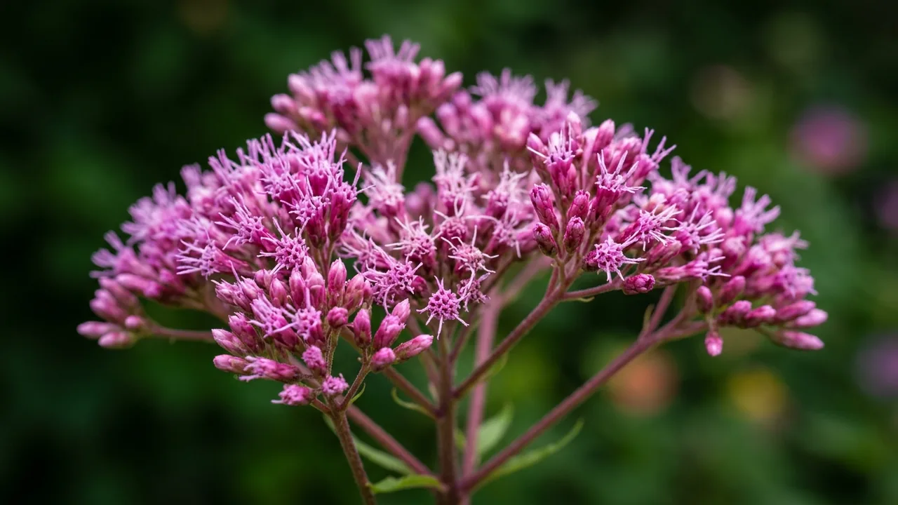 Sweet Joe Pye Weed (Eutrochium purpureum) - pink flowers, illustrated plant card