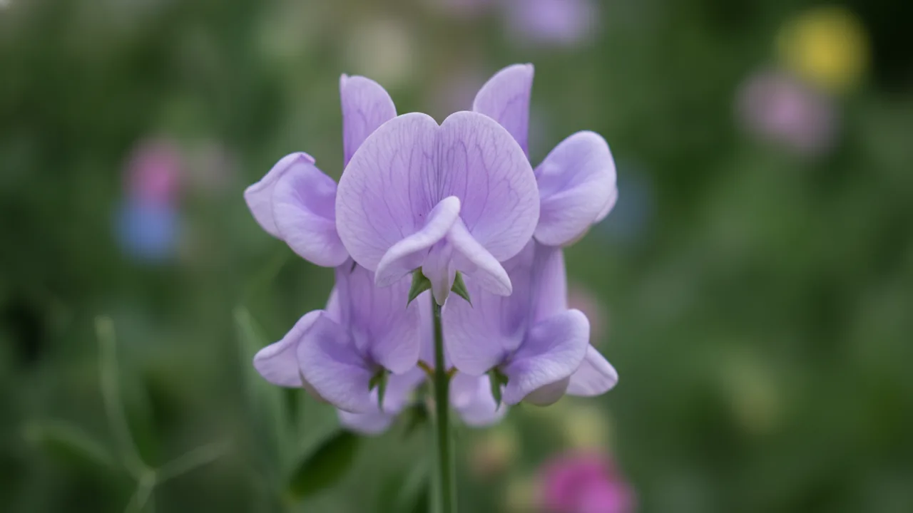 Lavender Sweet Pea (Lathyrus odoratus) - purple flowers, illustrated plant card