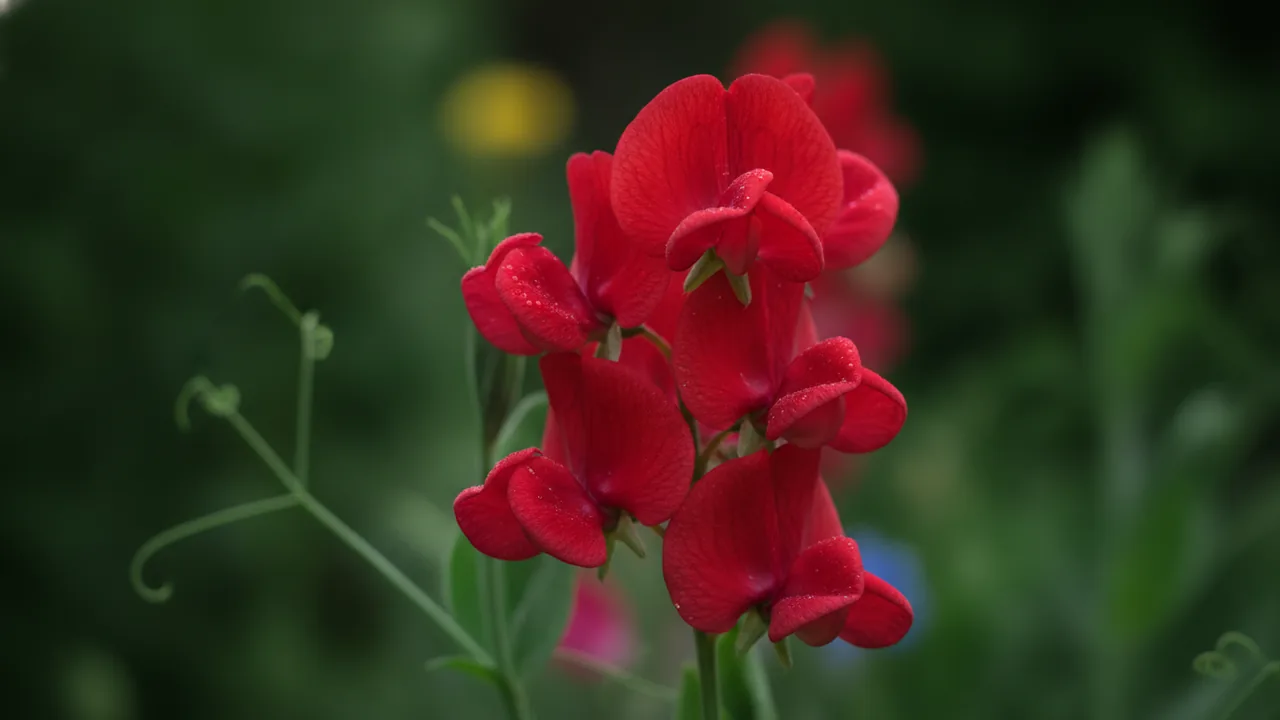 Royal Crimson Sweet Pea (Lathyrus odoratus) - red flowers, illustrated plant card