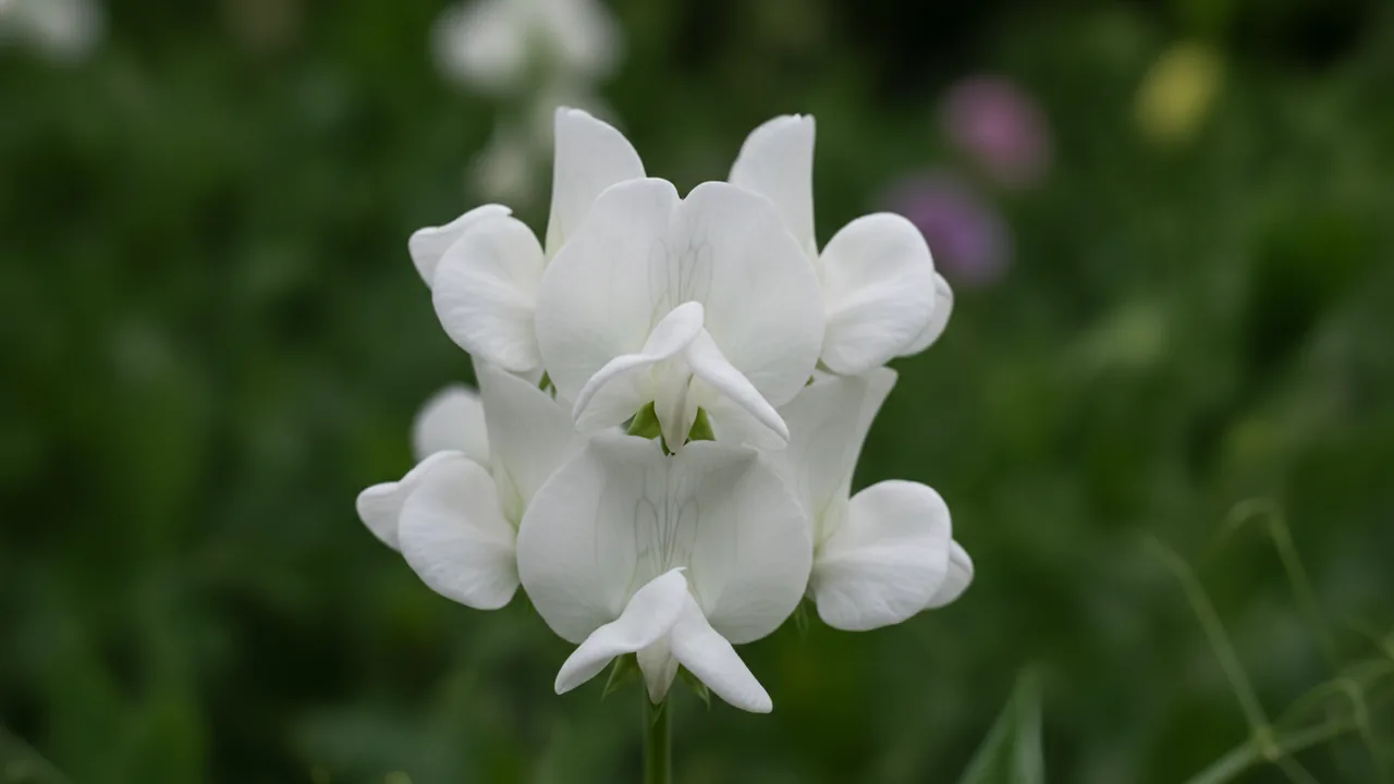 Royal White Sweet Pea (Lathyrus odoratus) - white flowers, illustrated plant card