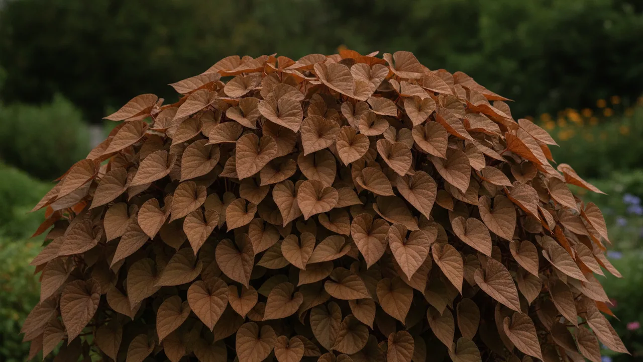 Sweet Caroline Bronze (Ipomoea batatas 'Sweet Caroline Bronze') - foliage plant, illustrated plant card