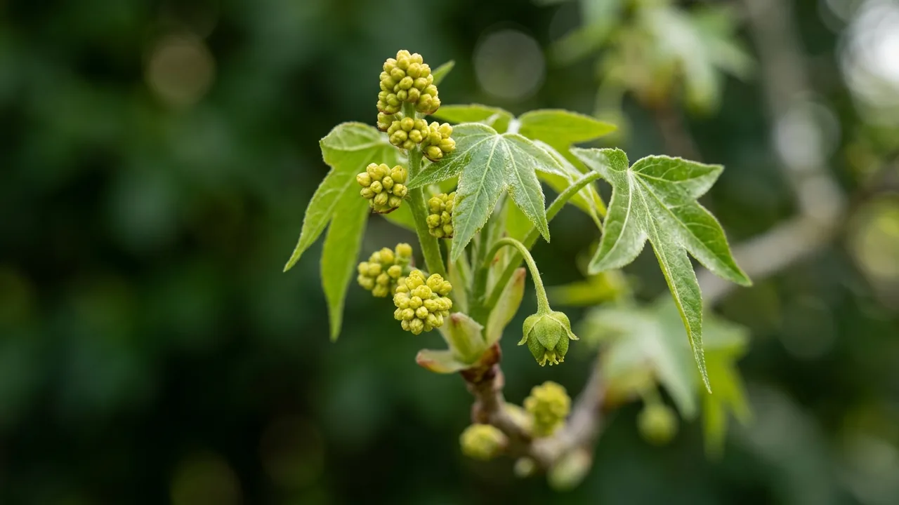 Sweetgum (Liquidambar styraciflua) - yellow flowers, illustrated plant card
