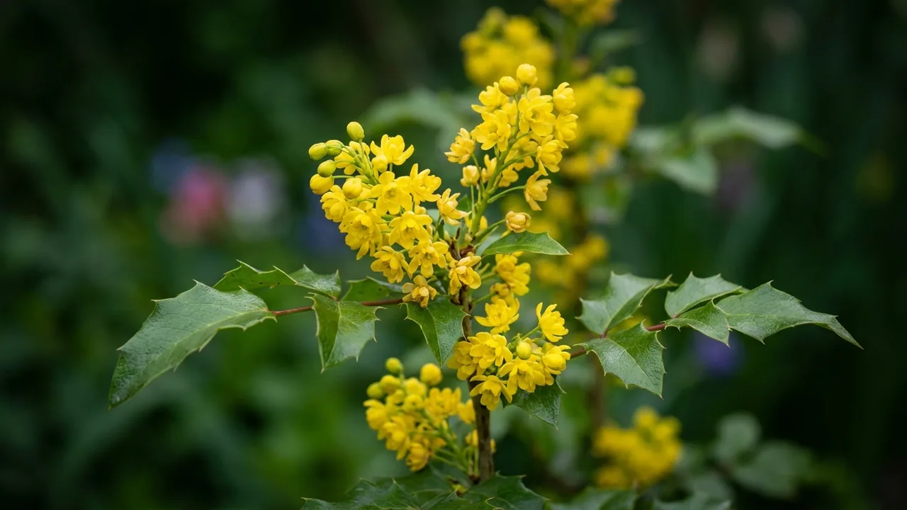 Tall Oregon Grape (Berberis aquifolium) - yellow flowers, illustrated plant card