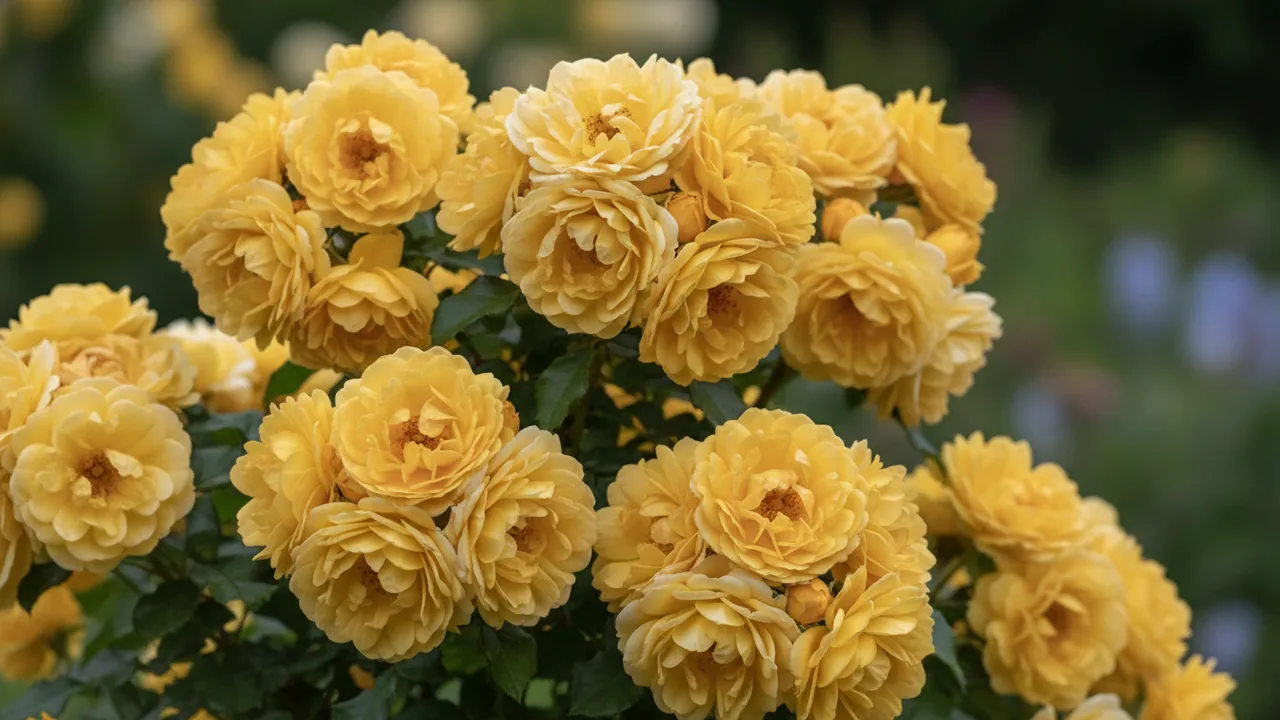 Teasing Georgia (Rosa 'Ausbaker') - yellow flowers, illustrated plant card