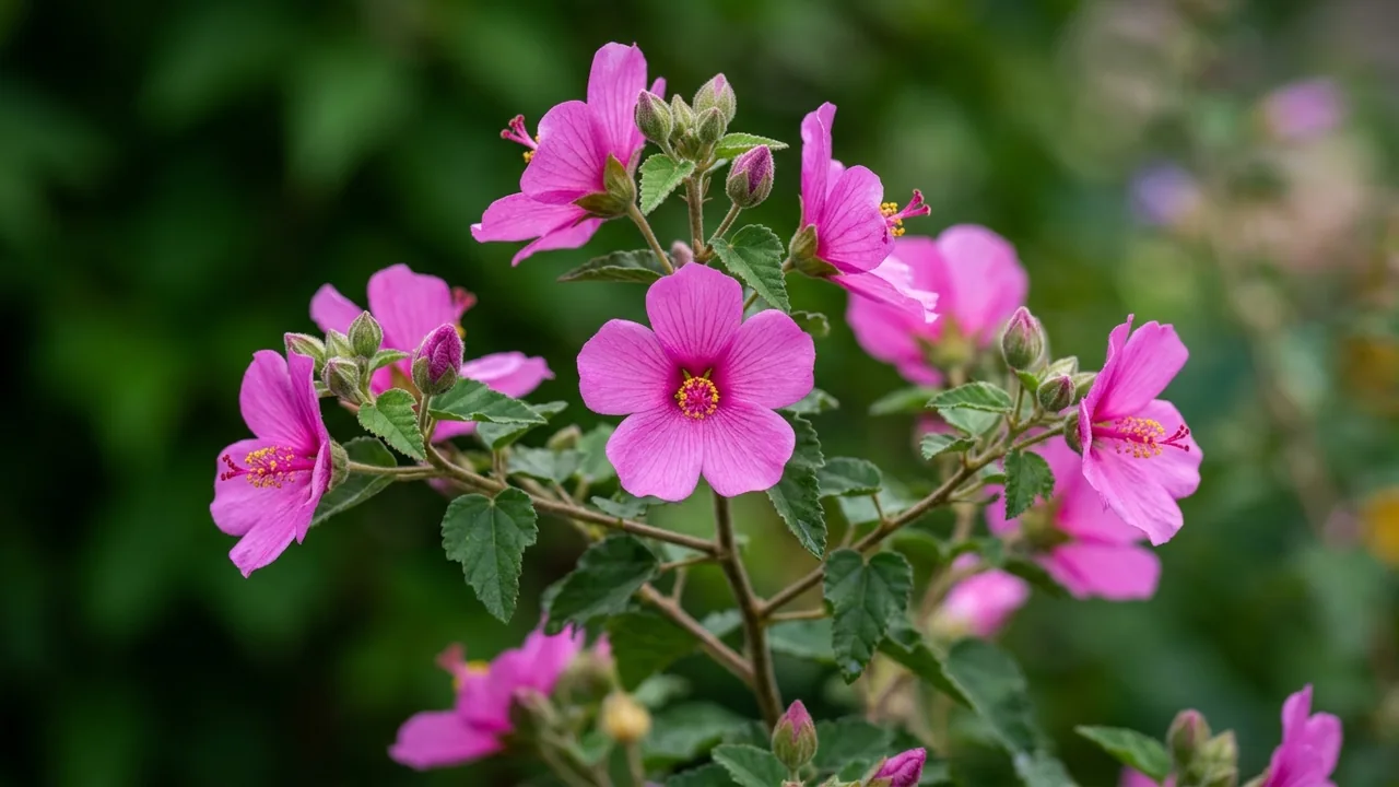 Texas Rock Rose (Pavonia lasiopetala) - pink flowers, illustrated plant card