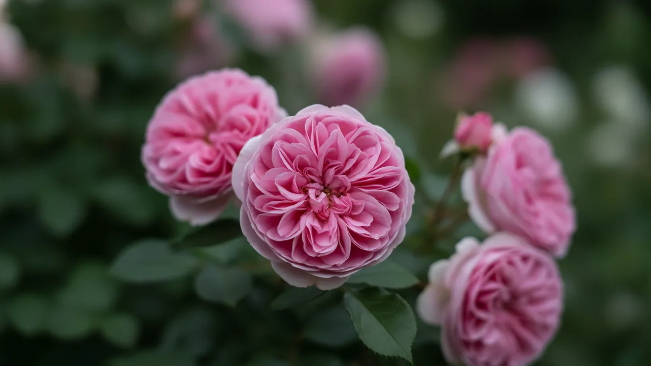 The Alnwick Rose (Rosa 'Ausgrab') - pink flowers, illustrated plant card