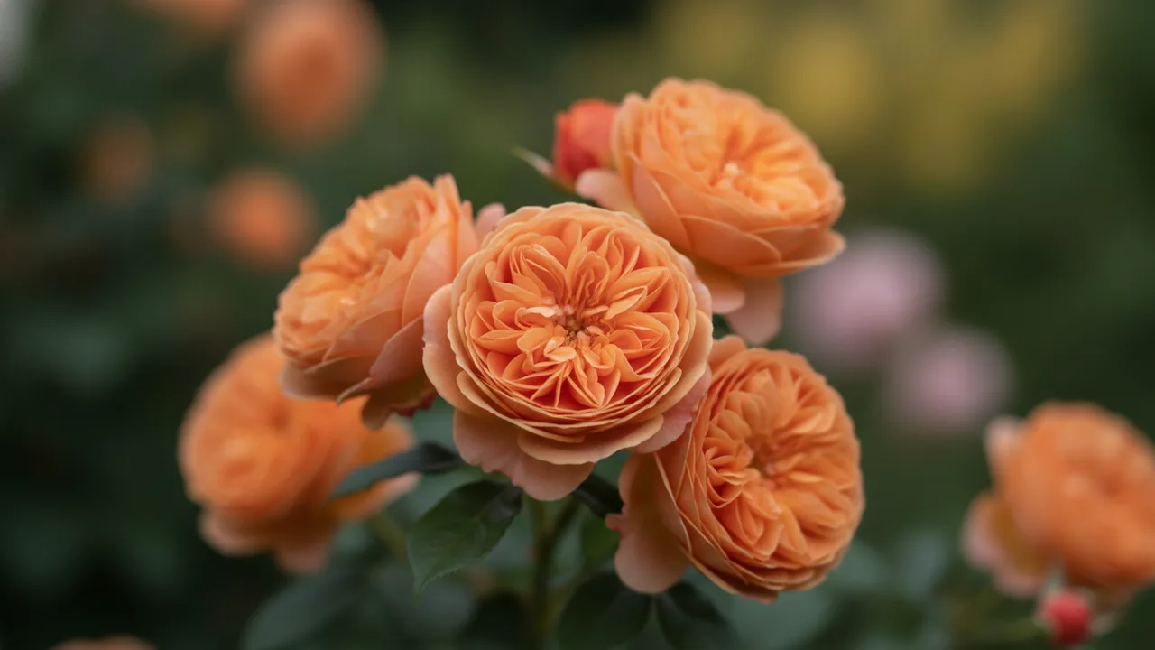 The Lady Gardener (Rosa 'Ausbrass') - orange flowers, illustrated plant card