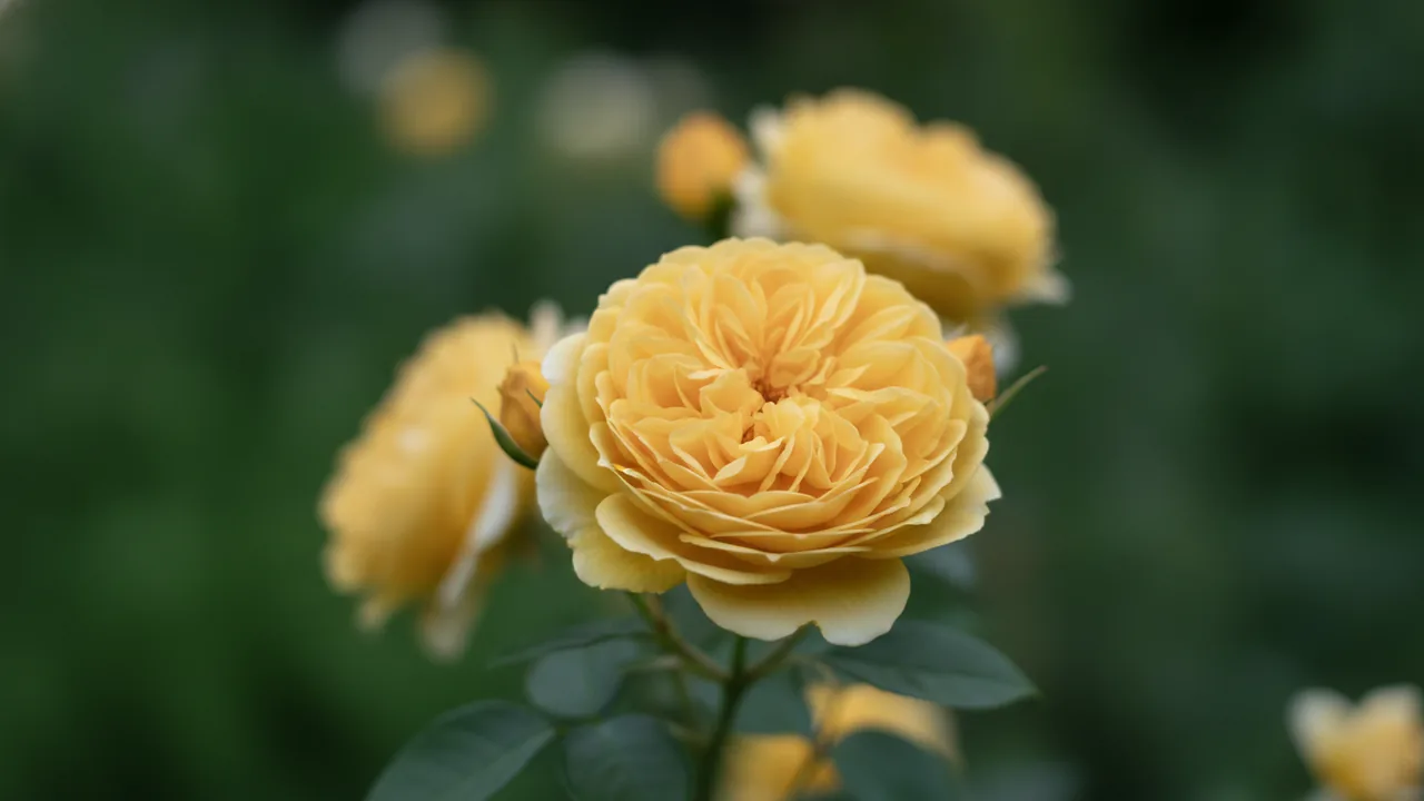 The Poet's Wife (Rosa 'Auswhirl') - yellow flowers, illustrated plant card