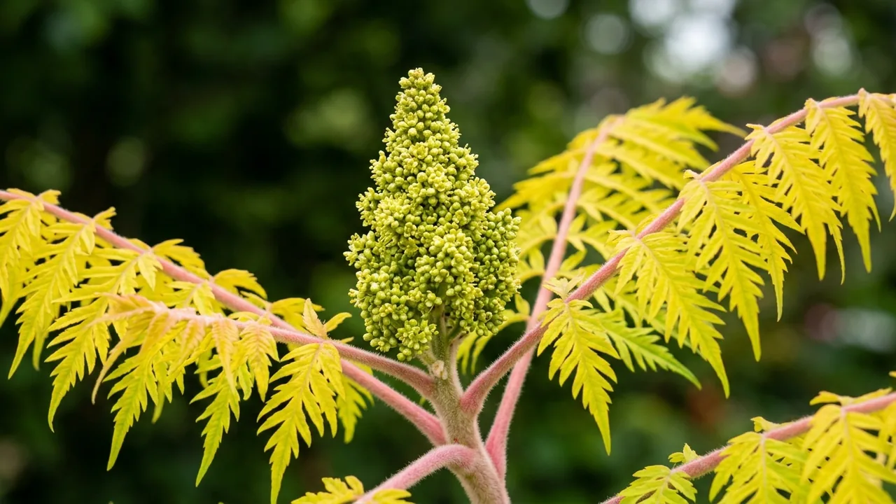 Tiger Eyes Sumac (Rhus typhina 'Bailtiger') - foliage plant, illustrated plant card