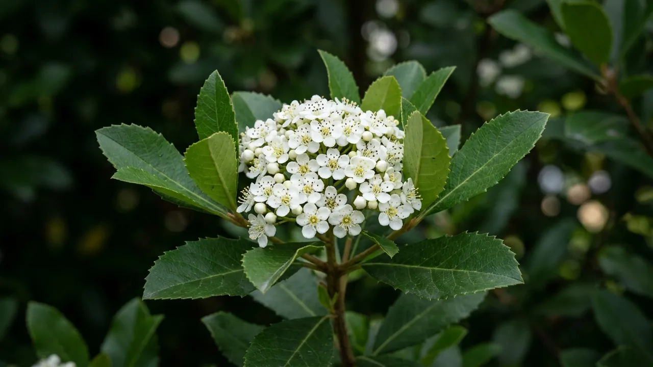 Toyon (Heteromeles arbutifolia) - white flowers, illustrated plant card