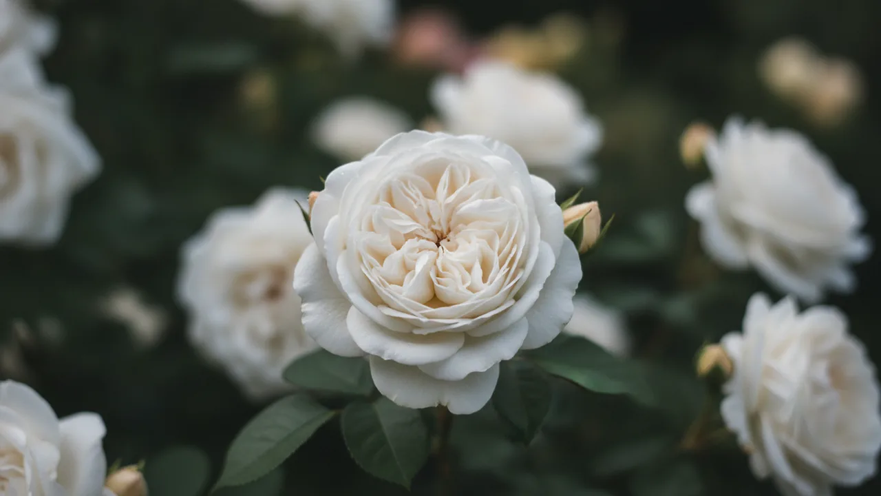 Tranquillity (Rosa 'Ausnoble') - white flowers, illustrated plant card