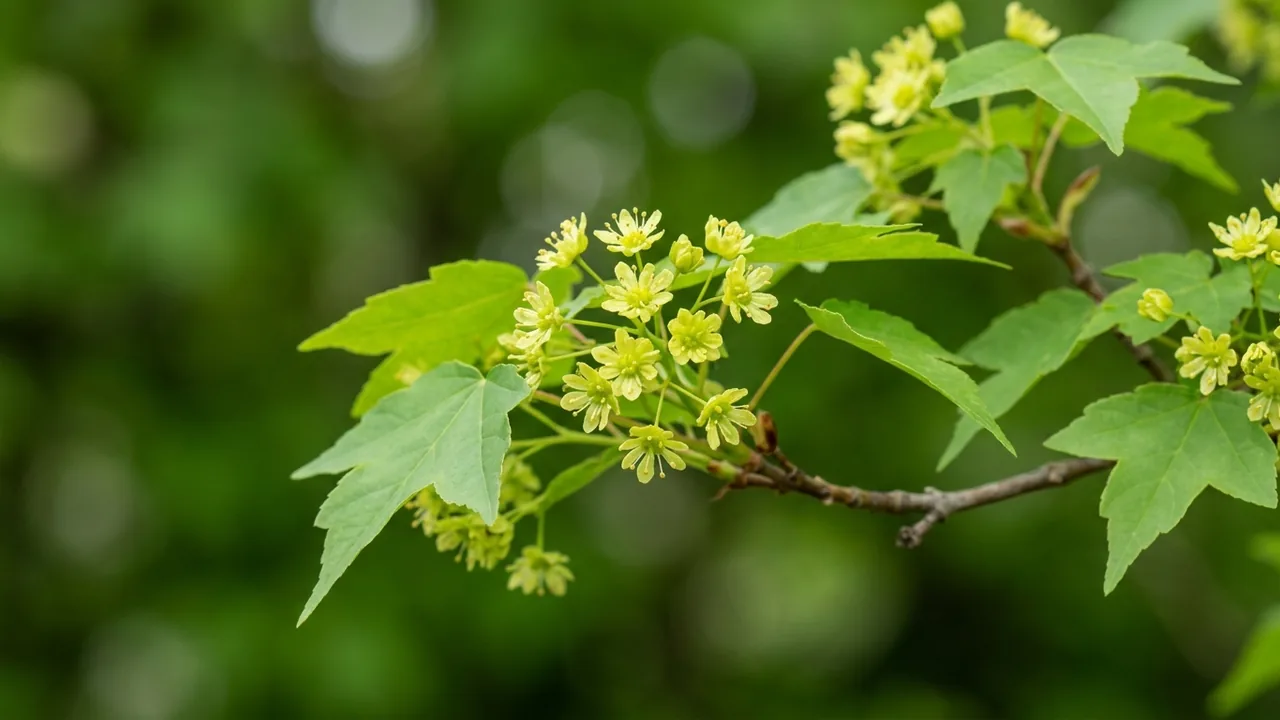 Trident Maple (Acer buergerianum) - yellow flowers, illustrated plant card