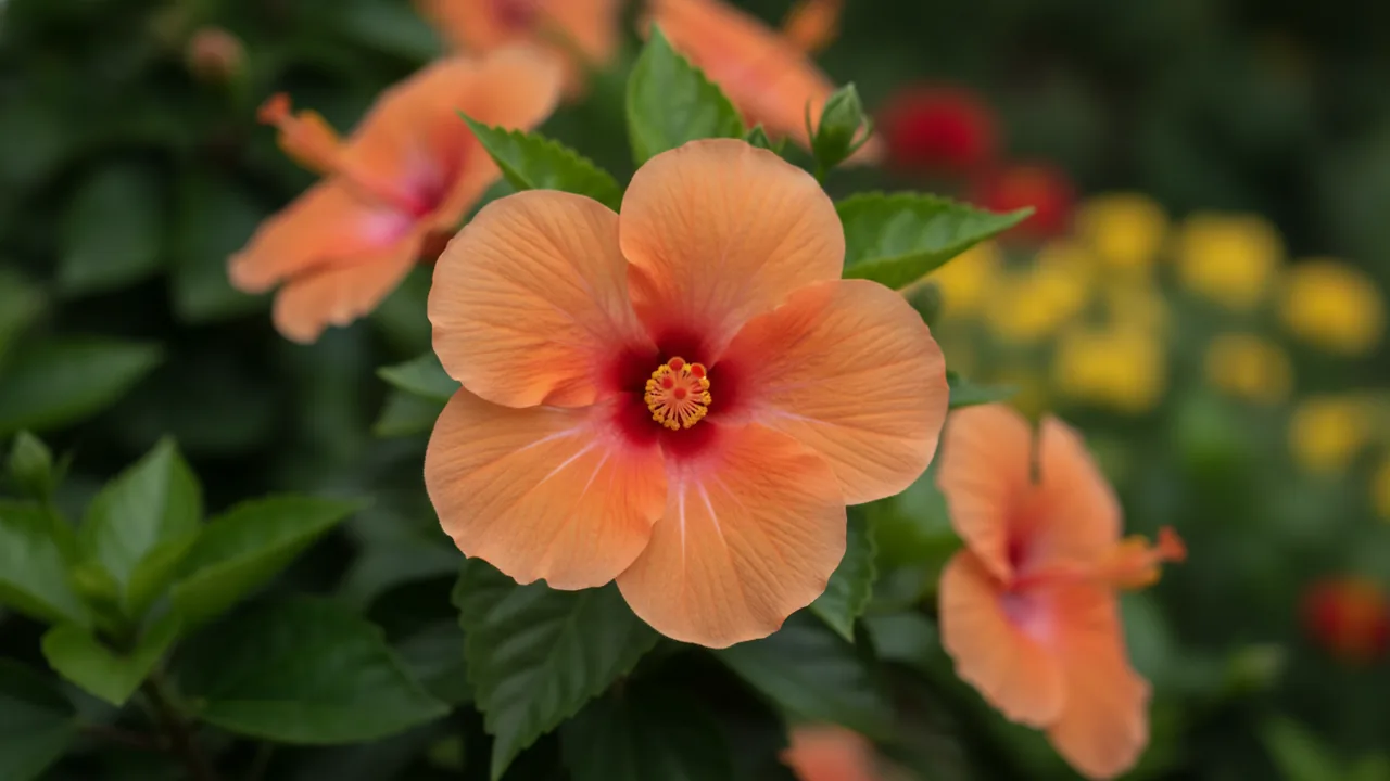 Fiesta (Hibiscus rosa-sinensis 'Fiesta') - orange flowers, illustrated plant card