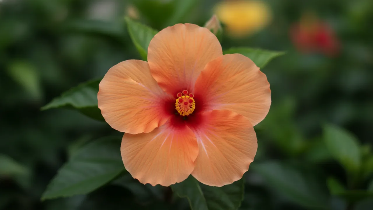 Orange Tropical Hibiscus (Hibiscus rosa-sinensis) - orange flowers, illustrated plant card